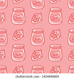 Jar of jam and strawberry. Seamless pattern