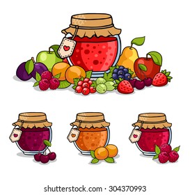 Jar of jam surrounded by fruits and berries. Apple, pear, cherry, strawberry, peach, raspberry, plum, currant and gooseberry. 