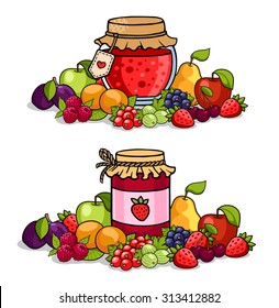 Jar of jam surrounded by fruits and berries. Apple, pear, cherry, strawberry, peach, raspberry, plum, currant and gooseberry.