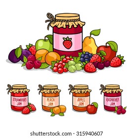 Jar of jam surrounded by fruits and berries. Strawberry, peach, raspberry, apple.