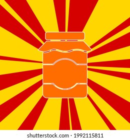 Jar of jam symbol on a background of red flash explosion radial lines. The large orange symbol is located in the center of the sun, symbolizing the sunrise. Vector illustration on yellow background