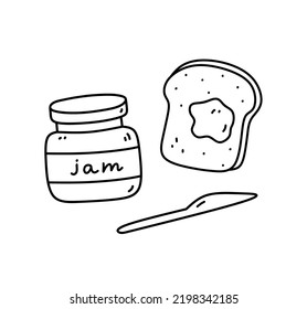 Jar of jam, toast and knife isolated on white background. Food for breakfast or for a snack. Vector hand-drawn illustration in doodle style. Perfect for cards, decorations, logo, menu, recipes.