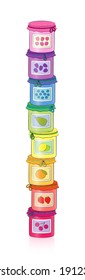 Jar of jam tower. Rainbow colored set of sweet yummy fruit jelly in screw glasses with checkered cloth covers and ribbons. Isolated comic style vector illustration on white background.
