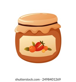 Jar of jam. Vector drawing of a glass jar with jam, tied with a napkin and hemp threads. Cute jam jar in flat style. Fruit jam with a sticker. Ceramic tableware.