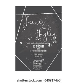 Jar of jam. Wedding invitation card template vector. Grunge style.