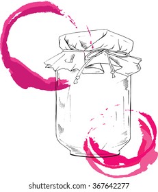 Jar of jelly or jam covered with paper on white background with pink spots. Cartoon sketch drawn by ink. Hand drawn vector illustration.