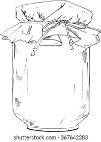 Jar of jelly or jam covered with paper on white background. Cartoon sketch drawn by ink. Hand drawn vector illustration.