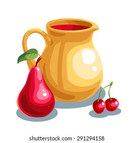 A jar of juice, pear and cherries
