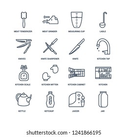 jar, Juicer, Ketchup, Kettle, Kitchen, meat tenderizer, Knives, kitchen Scale, Knife outline vector icons from 16 set