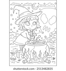 jar kawaii witch halloween coloring book page for kids and adults creative coloring mindful relaxation activity