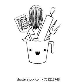 jar with kitchen utensils and roller pin monochrome blurred kawaii silhouette vector illustration