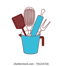 jar with kitchen utensils and roller pin color sections silhouette vector illustration