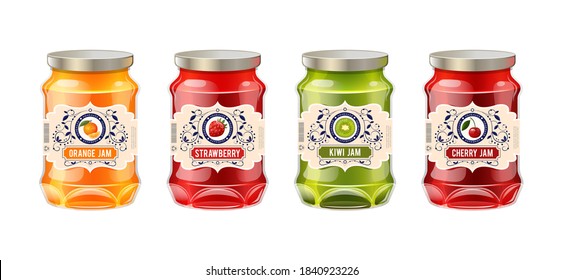 Jar label mockup. Glass realistic jars with labels fruit jam. Retro vintage templates for labels of berry jam - strawberry, kiwi, orange, cherry. Templates packaging for jam identity, branding vector - Shutterstock ID 1840923226