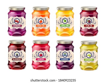 Jar label mockup. Glass realistic jars with labels fruit jam. Retro vintage templates for labels of berry jam - cranberry, peach, apple, plum, blackberry, raspberry, blueberry, gooseberry vector - Shutterstock ID 1840923235