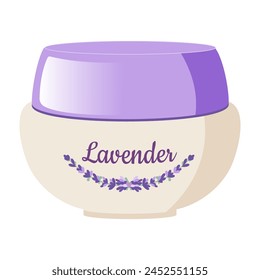 A jar of lavender body care cream. Cosmetic product. Isolated vector illustration