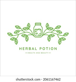 jar and leaf logo line art vector illustration template icon design. herbal potion wit natural concept for company