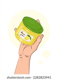 A jar of lemon jam. Jam from lemon. A jar in a human hand. Healthy food. Isolated vector illustration white background.