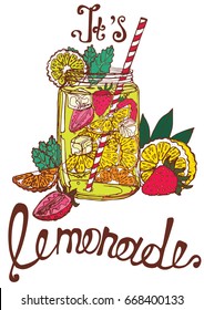  jar with lemonade - beautiful vector illustration of slices of lemon , strawberries, mint,ice cubes and a straw 