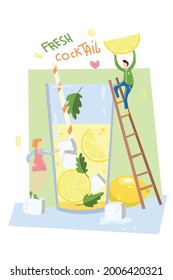 Jar with lemonade cocktail. Two person making cocktail in huge glass. Drink with slices of lemon, mint and bubbles. Summer beverage. Colourful vector illustration. Cartoon style.