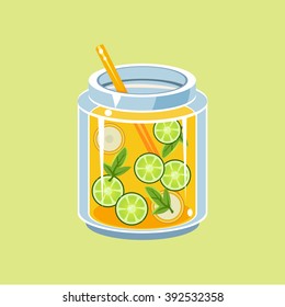 Jar Of Lemonade With Straw Isolted Flat Vector Item On Light Yellow Background