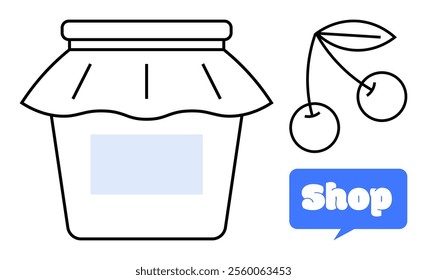 Jar with a lid along with a pair of cherries and a blue shop sign. Ideal for food products farmers markets advertisements online grocery stores and organic products design. Simplistic outline style