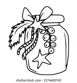 Jar with lid decorated with a bow with stars 
 a sprig of berries .Christmas holiday
 .On hand-drawn, on a white isolated background.Design for greeting card,banner, coloring.