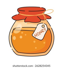 Jar with lid and label with rich yellow honey natural sweetness. Beekeeping. Vector cartoon illustration on white background