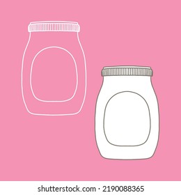Jar with lid and sticker. Vector illustration of package for liquid. Line design icon.