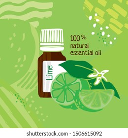 Jar with lime essential oil and lime on an green abstract background. Poster for catalog, invitations, parties and Spa. Color cute cartoon vector illustration