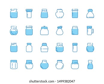 Jar line icons. Bottles for sweets jam marmalade strawberry with labels vector symbols collection