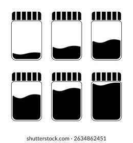 Jar Liquid Level Icons Set Vector Illustration. A black and white vector illustration showing six jars with striped lids, each representing different liquid fill levels.