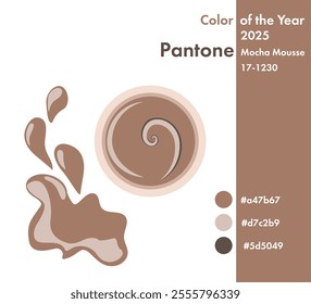 Jar liquid paint with splatter color Mocha Mousse with shades. Vector mockup of color elegance and sophistication trend palettes 2025. Isolated elements color beige soft chocolate mousse