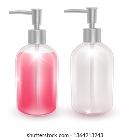 Jar with liquid soap or shampoo on a white background, a vial with a pink liquid and the empty jar, the template for your brand. Realistik Vector illustration