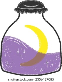 Jar of liquid with stars and crescent in linocut style. Graphic arts. Vector element for design