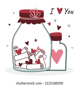 Jar with love. Romantic poster or banner design. Lovely notes for husband or wife. valentines day, greeting and invitation cards. Charity, kindness and generosity. Cartoon flat vector illustration