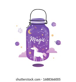 Jar of magic. Cute magical unicorn, stars, clouds, planets, constellations, moonlight, moon. Violet jar. Printing on clothes, poster, postcard.