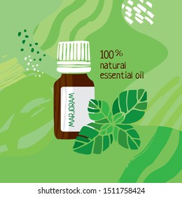 Jar with marjoram essential oil  on an green abstract background. Poster for catalog, invitations, parties and Spa. Color cute cartoon vector illustration