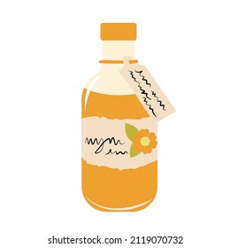 A jar of medicinal herbal infusion. A bottle of rapeseed oil. Vector stock illustration. Traditional medicine, prescription. Isolated on a white background.