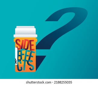Jar of medicine casts a shadow in the shape of a question mark. Concept of drugs side effects. Vector illustration