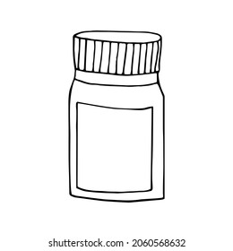 jar with medicine hand drawn doodle. vector, scandinavian, nordic, minimalism, monochrome. icon, sticker, health, tablets, capsules, vitamins.