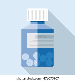 Jar with medicine. Medical bottle in flat style, pill bottle on color background. Vector design element