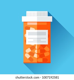 Jar with medicine. Medical icon in flat style, orange pill bottle on blue background. Vector design element