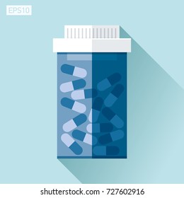 Jar with medicine. Medical icon in flat style, blue pill bottle on color background. Vector design element