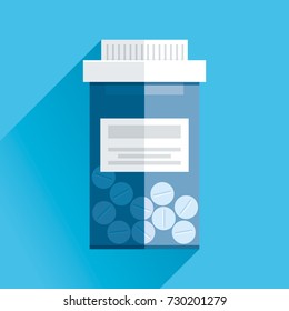 Jar with medicine. Medical icon in flat style, blue pill bottle on color background. Vector design element