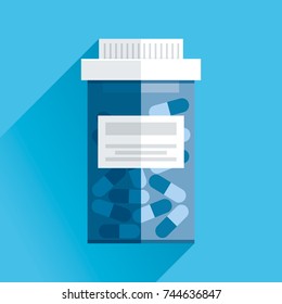 Jar With Medicine. Medical Icon In Flat Style, Blue Pill Bottle On Color Background. Vector Design Element