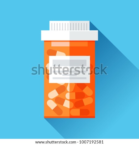 Jar with medicine. Medical icon in flat style, orange pill bottle on blue background. Vector design element