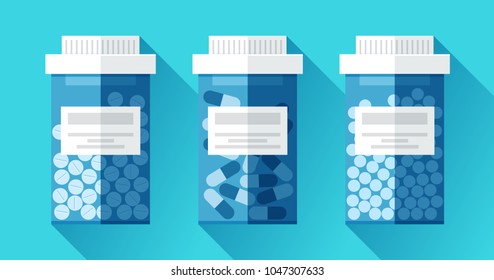 Jar with medicine. Medical icons set in flat style, blue pill bottle on color background. Vector design element