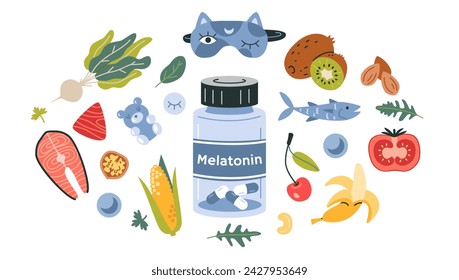 A jar of Melatonin and foods best sources it. Fruits, vegetables and fish set. Concept of sleep disorder treatment, insomnia and sleeping problems. Isolated cartoon vector illustration, flat design