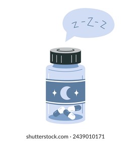 A jar of Melatonin or sleeping pills. Healthy sleep, treatment of insomnia, circadian rhythms, rest and recovery. Isolated cartoon vector illustration, flat