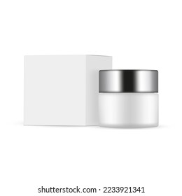 Jar with Metal Cap and Paper Packaging Box Side View, Isolated on White Background. Vector Illustration